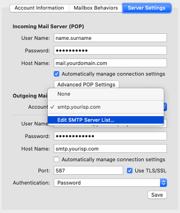 OS X Mail - 账户 - 服务器设置 - 编辑 SMTP