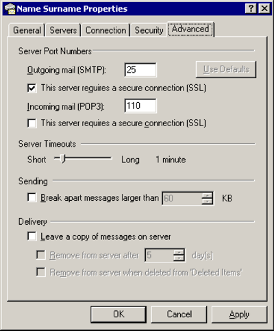 Outlook Express - 互联网帐户 - 邮件 - 属性 - 高级