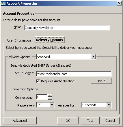 GroupMail - 账户属性 - 投递选项