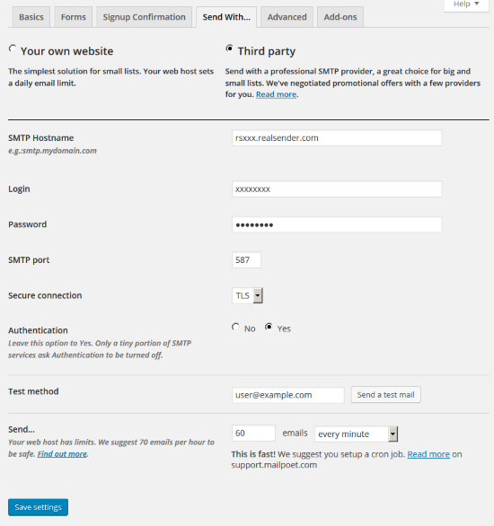mailpoet - 设置 - 通过...发送