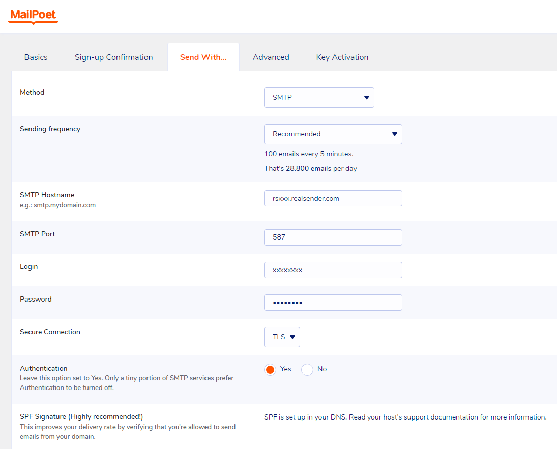 mailpoet - 设置 - 发送方式 - SMTP